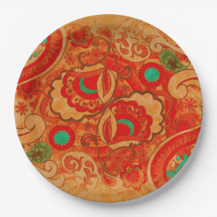 Assiettes En Carton Cru brûlé génial Paisley de turquoise de rouge