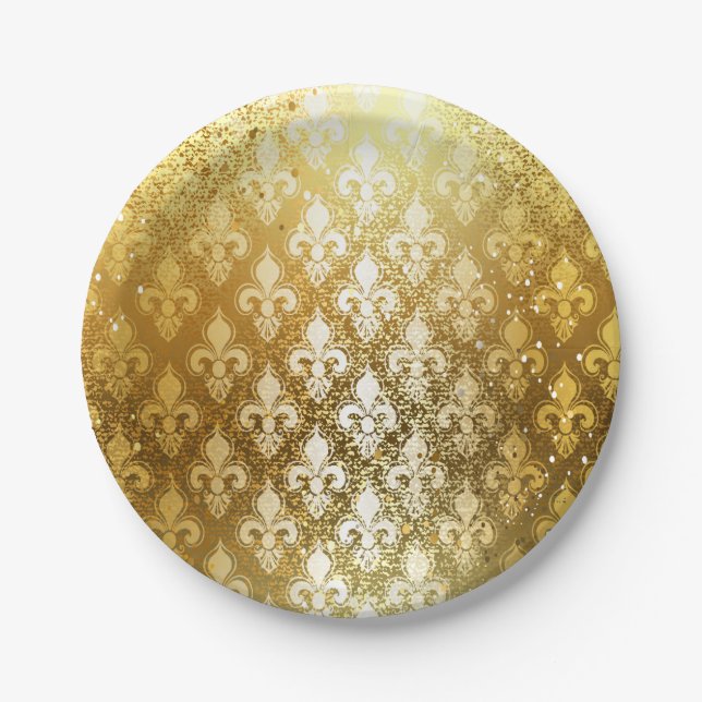 Assiettes En Carton Cru, or, fleur de lis, antiquité, cru, chic, (Devant)