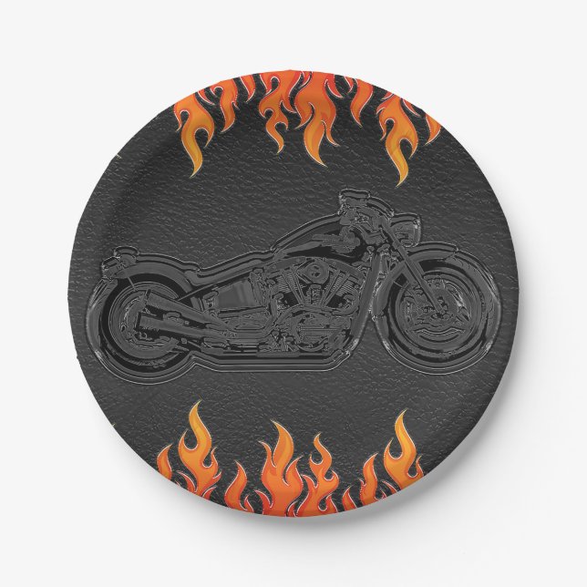 Assiettes En Carton Cuir noir flammes orange moto motard fête (Devant)
