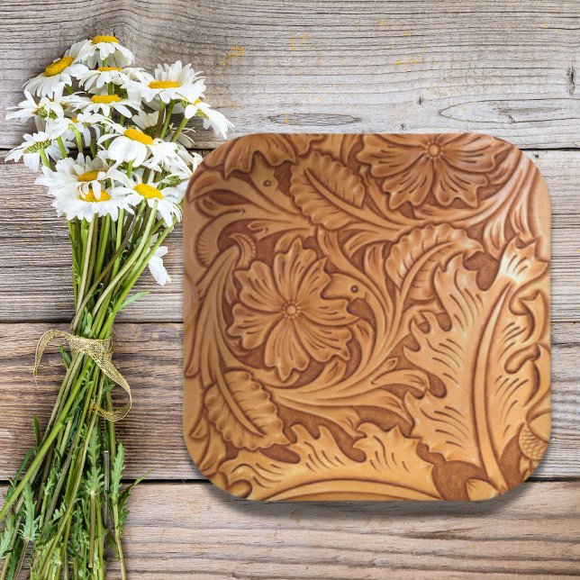 Assiettes En Carton cuir travaillé de cow-boy de campagne occidental r (rustic western country cowboy tooled leather paper plates)
