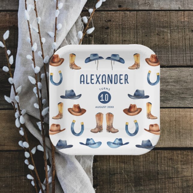 Assiettes En Carton Cuisine Bleu Brown Cheval Cowboy Casquette Bottes  (Créateur téléchargé)