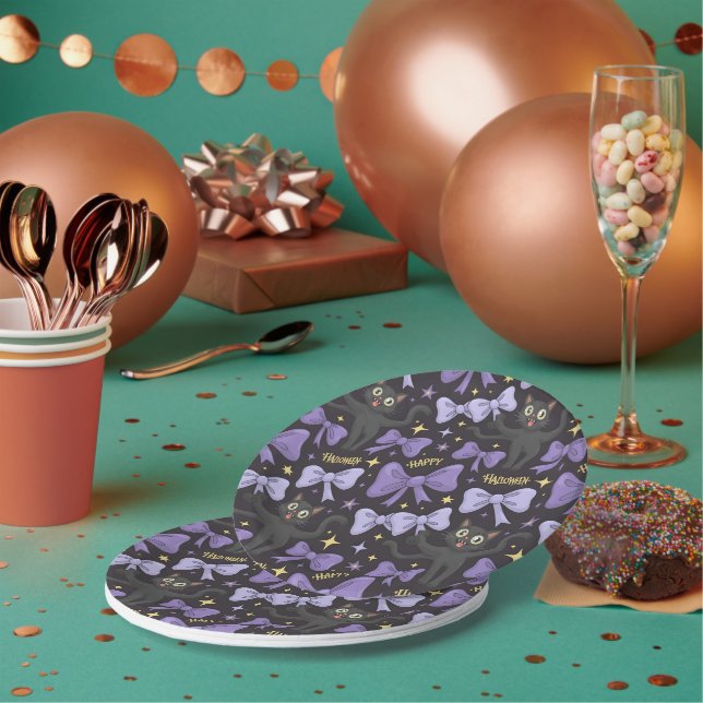 Assiettes En Carton Cuisine Éffrayante Chat Noir & Bow Halloween sans  (Multi)