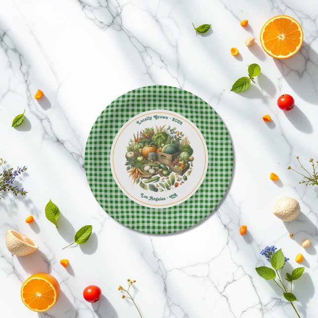 Assiettes En Carton Cultivé localement - En vichy récolte du marché An (Locally Grown - Gingham Market Harvest Birthday Paper Plates)