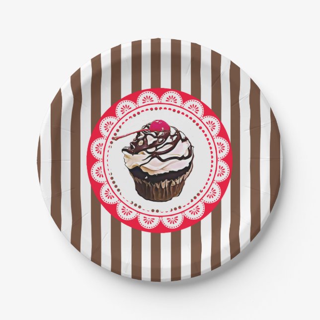 Assiettes En Carton Cupcake au chocolat avec Plaques en papier cerise (Devant)