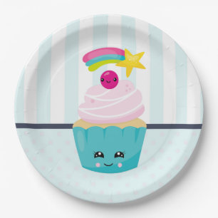 Assiettes En Carton Cupcake bleu mignon avec visage Kawaii