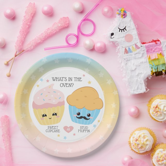 Assiettes En Carton Cupcake ou Stud Muffin Révélation de genre (Fête)