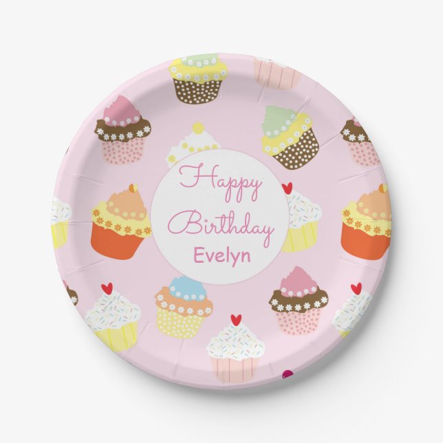 Assiettes En Carton Cupcake Thème rose Anniversaire Plaques Papier (Devant)