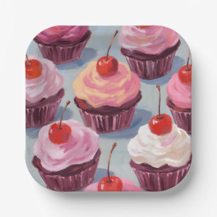 Assiettes En Carton Cupcakes Cerise Glaçés   Célébration d'anniversair