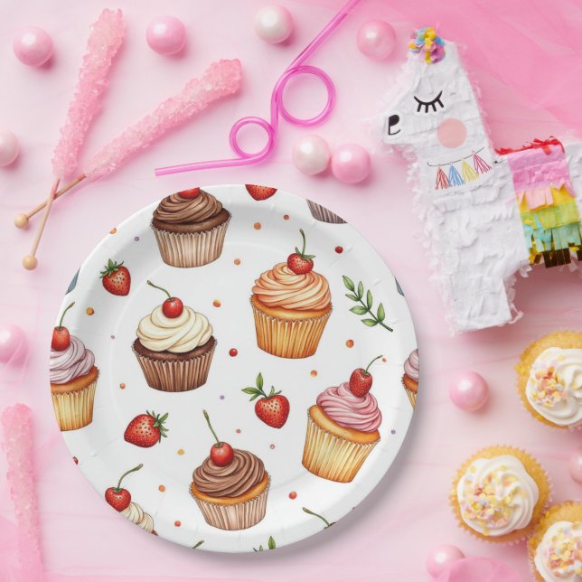 Assiettes En Carton Cupcakes et fraises (Fête)