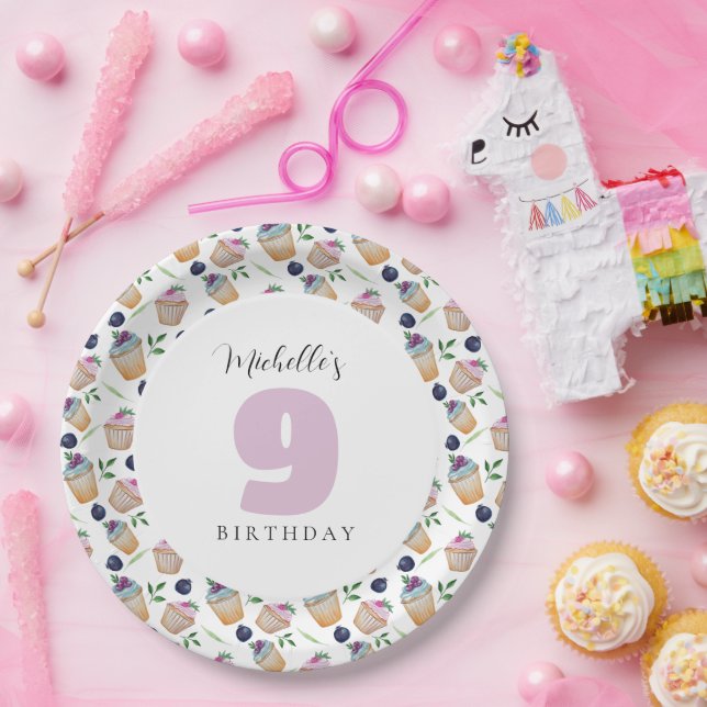 Assiettes En Carton Cupcakes Et Fruits Aquarelle Monogramme (Fête)