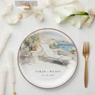 Assiettes En Carton Curfu Grèce Mariage de paysage aquarelle