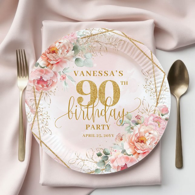 Assiettes En Carton Custom Blush Floral Gold Glitter 90th Birthday  (Custom Blush Floral Gold Glitter 90th Birthday Plates)