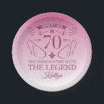 Assiettes En Carton Custom Cute Happy 70th Birthday<br><div class="desc">Fournitures élégantes personnalisables pour les fêtes d'anniversaire pour les femmes,  avec fausse parties scintillant rose. Personnalisez-le en ajoutant le nom de la fille d'anniversaire.</div>