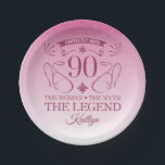 Assiettes En Carton Custom Cute Happy 90th Birthday<br><div class="desc">Fournitures élégantes personnalisables pour les fêtes d'anniversaire pour les femmes,  avec fausse parties scintillant rose. Personnalisez-le en ajoutant le nom de la fille d'anniversaire.</div>