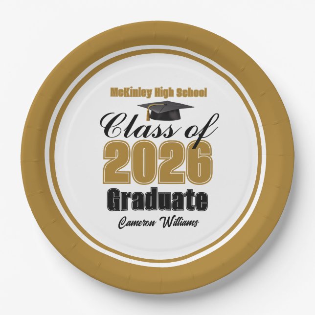 Assiettes En Carton Custom Gold Black Class of 2026 Graduation Party (Devant)