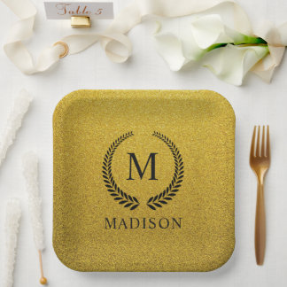 Assiettes En Carton Custom Golden Black and Gold Glitter Monogram