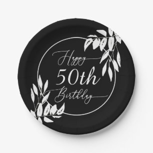 Assiettes En Carton Custom Happy 50th Birthday Black & White Botanical