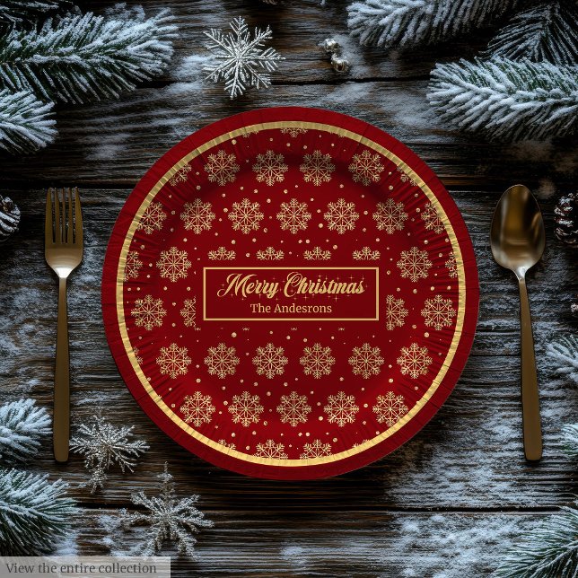 Assiettes En Carton Custom Holiday Paper Plates Red Gold Monogram (Custom Holiday Paper Plates Red Gold Monogram)