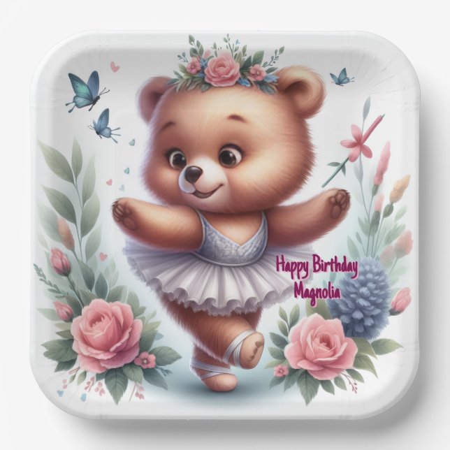 Assiettes En Carton Custom Little Ballerina Bear Birthday Paper Plates (Recto)