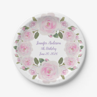 Assiettes En Carton Custom Name, Text, Pink Roses Paper Plate Party