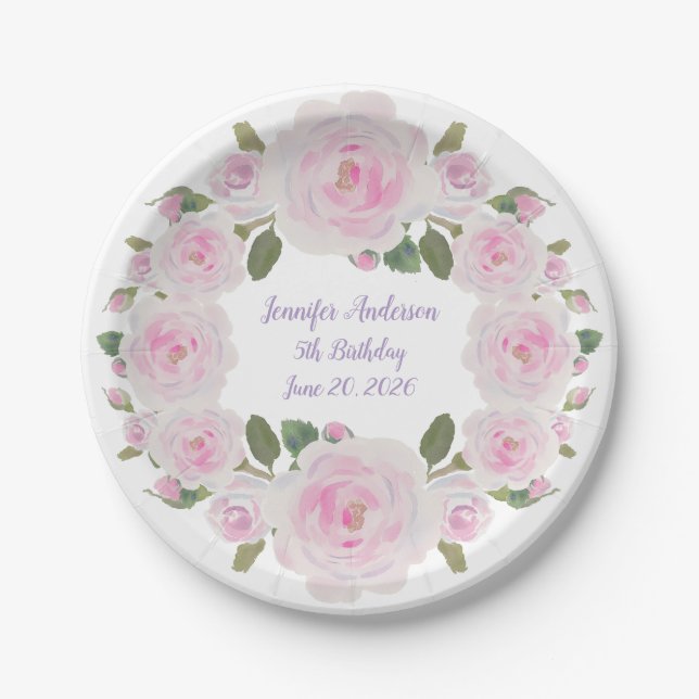 Assiettes En Carton Custom Name, Text, Pink Roses Paper Plate Party (Devant)