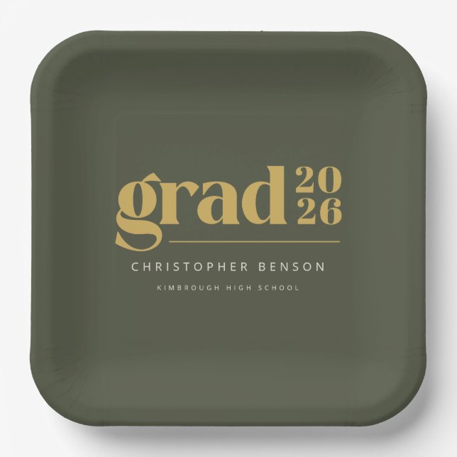 Assiettes En Carton Custom Olive Green Gold Grad 2026 Graduation (Recto)