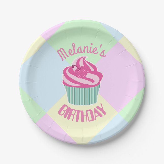 Assiettes En Carton Custom Pink Birthday Cupcake Personalised (Devant)