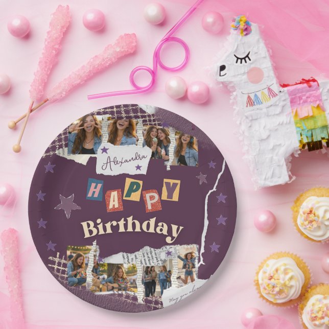 Assiettes En Carton Custom Purple Sweet 16 Photo Collage (Fête)