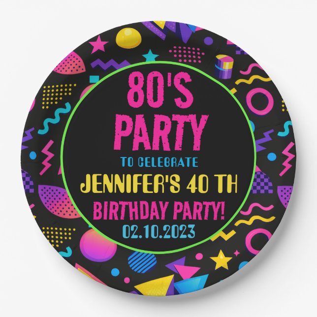 Assiettes En Carton Custom Retro Neon 80’s Birthday – Fun Adult  (Devant)