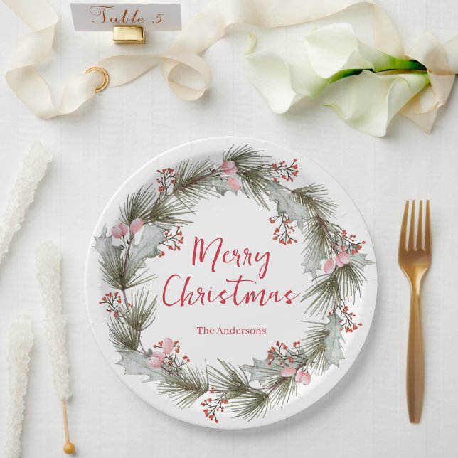 Assiettes En Carton Custom Rustic Elegant Watercolor Christmas Wreath  (Mariage)
