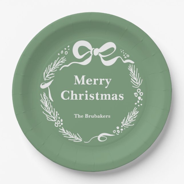 Assiettes En Carton Custom Sage Modern Hand Drawn Bow Merry Christmas (Devant)