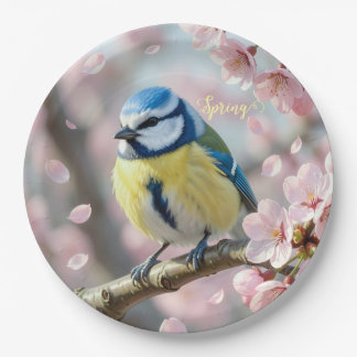 Assiettes En Carton Custom Spring Party Blue Tit Bird on Cherry Tree