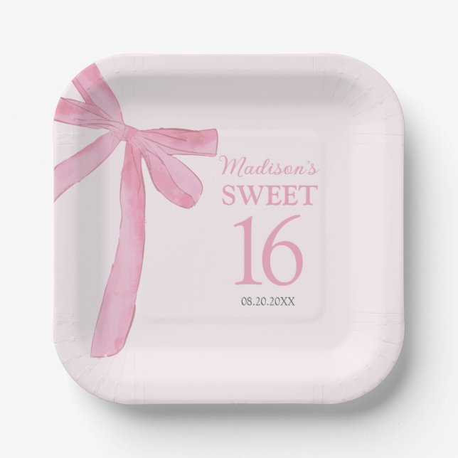 Assiettes En Carton Custom Sweet 16th Birthday Coquette Pink Bow  (Recto)