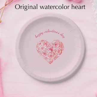 Assiettes En Carton Custom Watercolor Rose Heart Valentine's Day