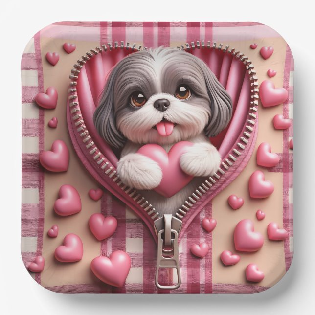 Assiettes En Carton Cute 3D Shih Tzu dans un Arrière - plan rose et bl (Recto)