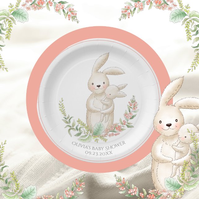 Assiettes En Carton Cute Animaux Bunny Baby shower rose personnalisé (Créateur téléchargé)