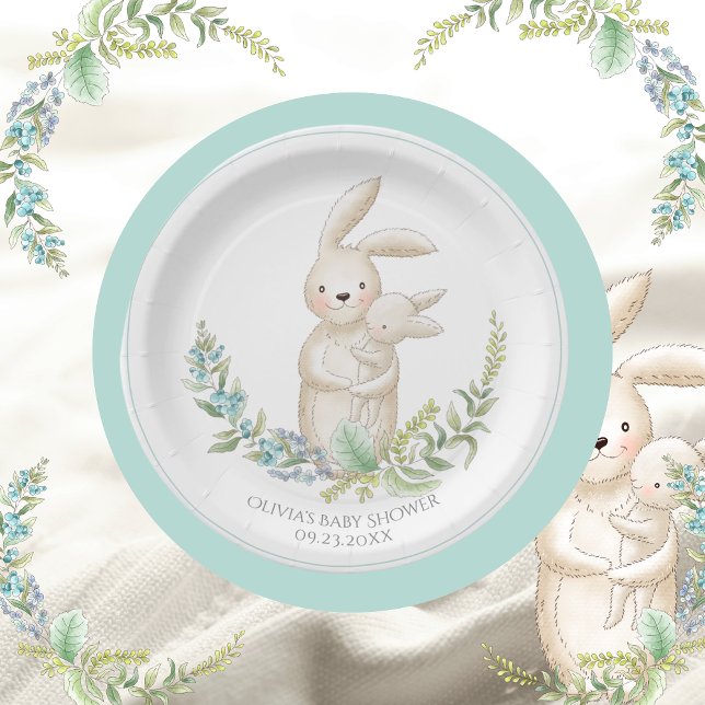 Assiettes En Carton Cute Animaux Bunny Baby shower vert personnalisé (Créateur téléchargé)