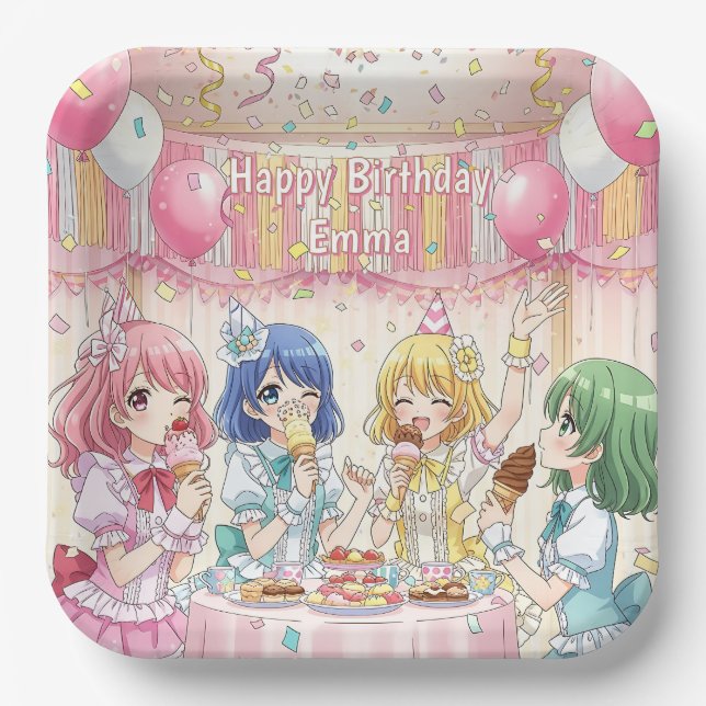 Assiettes En Carton Cute Anime Girl's Ice Cream Birthday Party   (Recto)