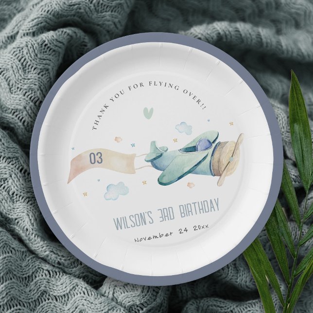 Assiettes En Carton Cute Aqua Vert Bleu Enfants Nuages d'avion Anniver (Créateur téléchargé)