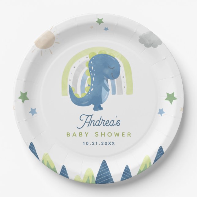 Assiettes En Carton Cute Aquarelle Dinosaure T Rex Baby shower Party (Devant)