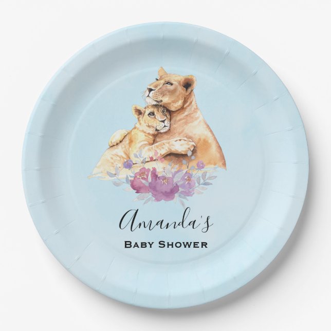 Assiettes En Carton Cute Aquarelle Mère Lion & Baby shower Cub (Devant)