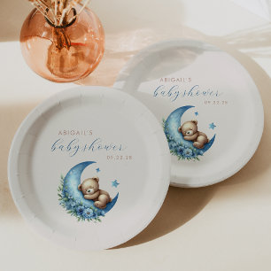 Assiettes En Carton Cute Aquarelle Ours Bleu Lune Baby shower garçon