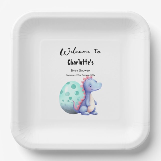 Assiettes En Carton Cute aquarelle Petit Baby shower Dinosaure (Recto)