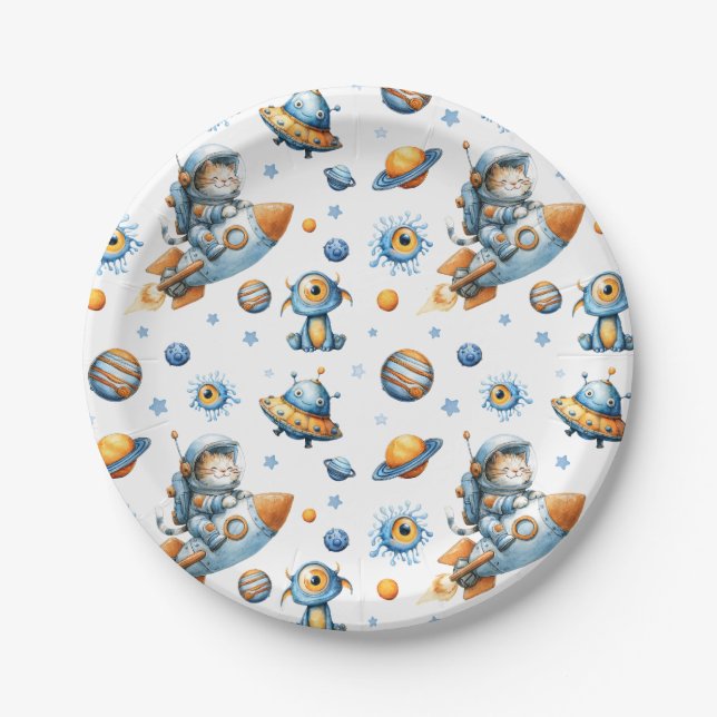 Assiettes En Carton Cute Astronaut Cat Outer Space Pattern Galaxy  (Devant)