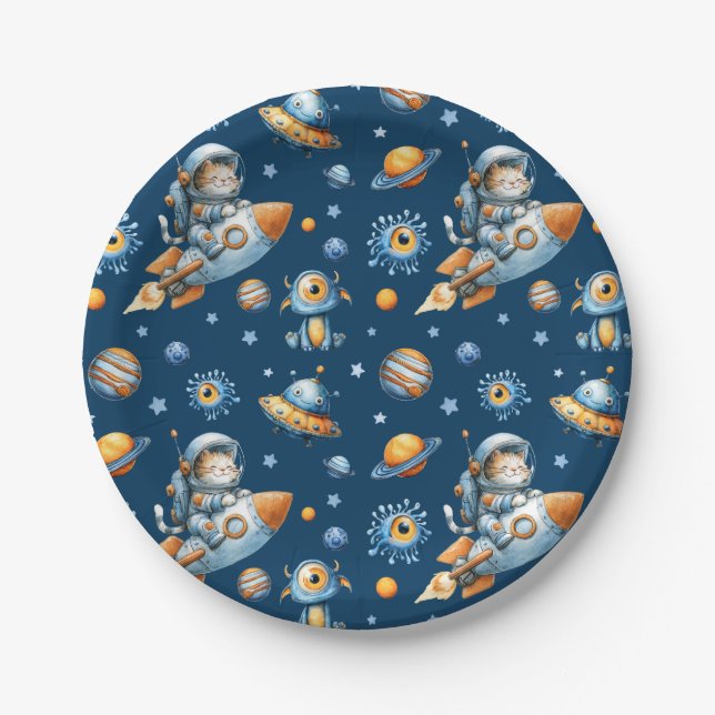 Assiettes En Carton Cute Astronaut Cat Space Galaxy Pattern Navy Blue  (Devant)