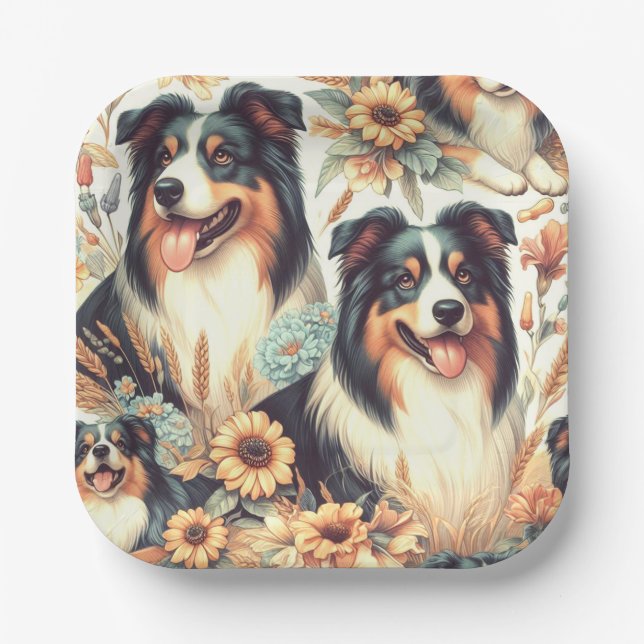 Assiettes En Carton Cute Australian Shepherd peinture Vintage (Recto)