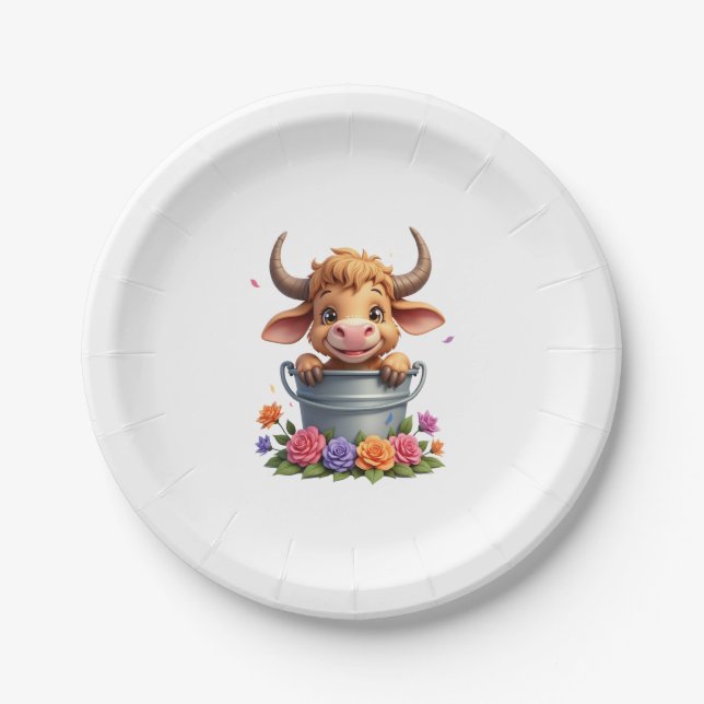 Assiettes En Carton Cute Baby Highland Cow With flowers Calf Animal co (Devant)