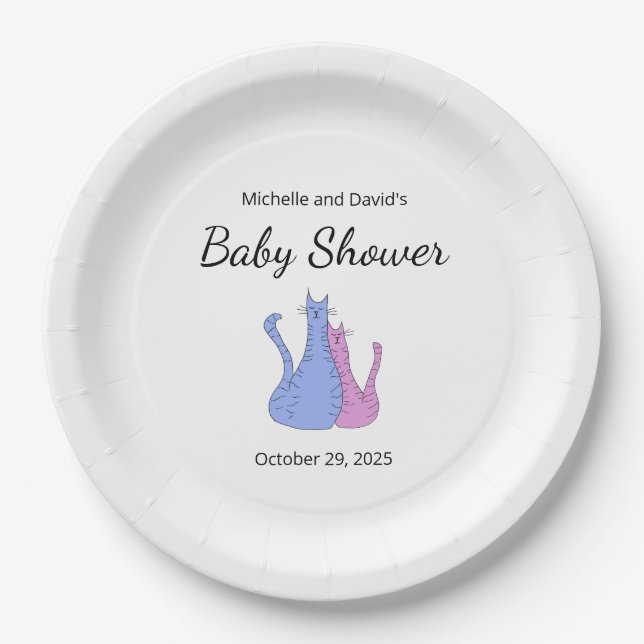 Assiettes En Carton Cute Baby shower Chat Twins Bleu rose (Devant)