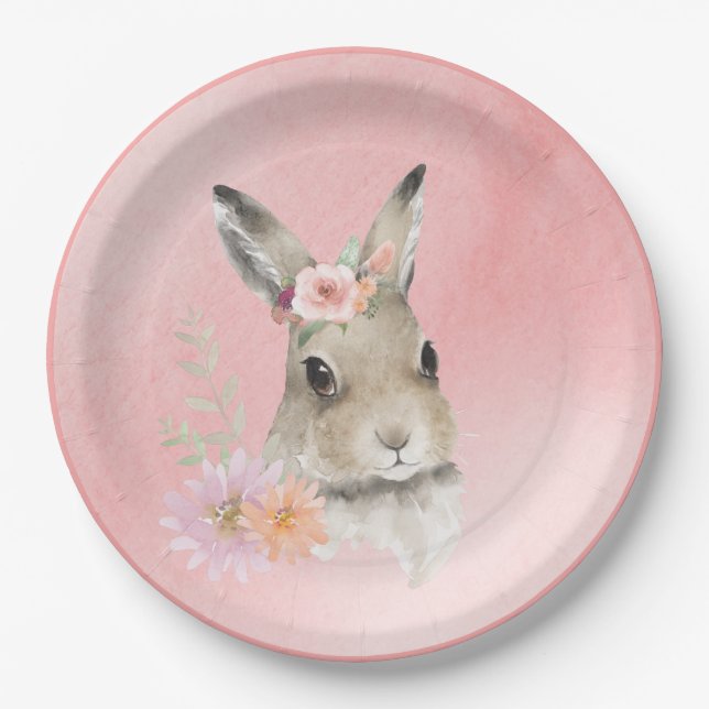 Assiettes En Carton Cute Baby shower d'aquarelle de lapin Floral Bois (Devant)