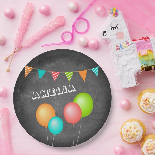 Assiettes En Carton Cute Balloon Bunting Flag Chalkboard Kid Birthday (Fête)